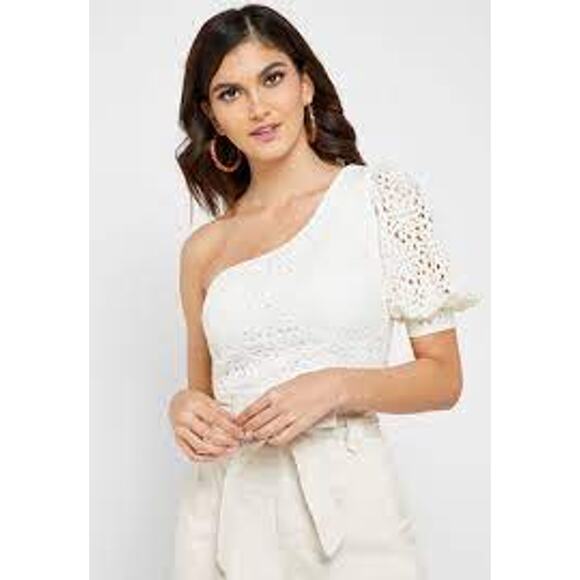 Topshop One Shoulder Lace Puff Sleeve Lined Cropped Top Side Zip Ivory Size 8 - Picture 2 of 6